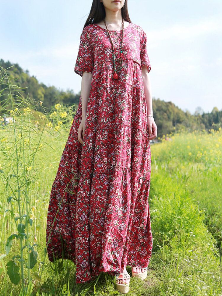 Vestidos Largos De Manga Corta Con Medio Botón Y Estampado Floral Vintage Ditsy Para Mujer