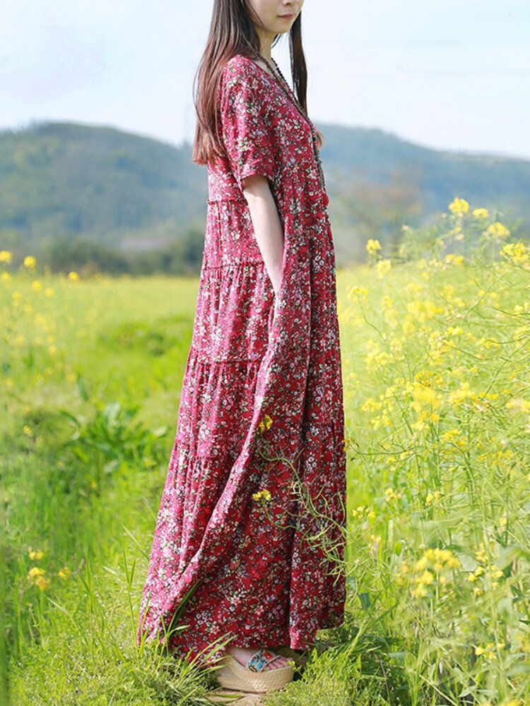 Vestidos Largos De Manga Corta Con Medio Botón Y Estampado Floral Vintage Ditsy Para Mujer