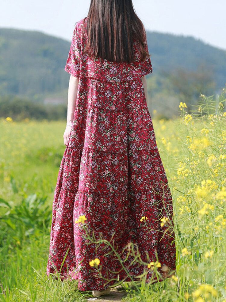 Vestidos Largos De Manga Corta Con Medio Botón Y Estampado Floral Vintage Ditsy Para Mujer