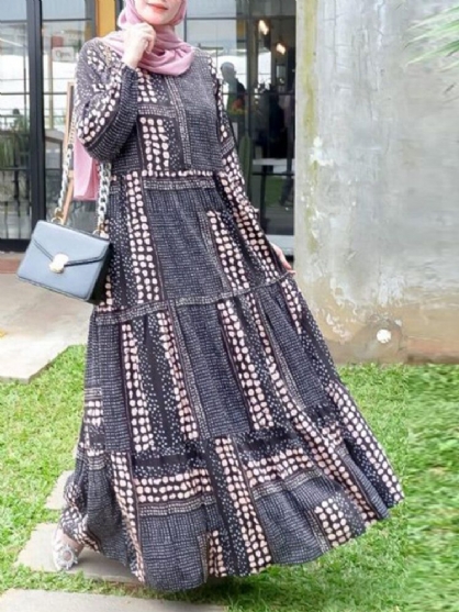 Vestidos Largos De Manga Larga Con Cuello Redondo Y Lunares Irregulares Para Mujer