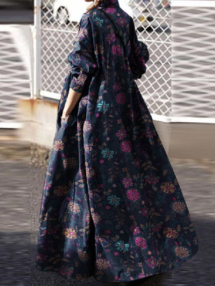 Vestidos Largos De Manga Larga Con Estampado Floral Vintage De Algodón Para Mujer