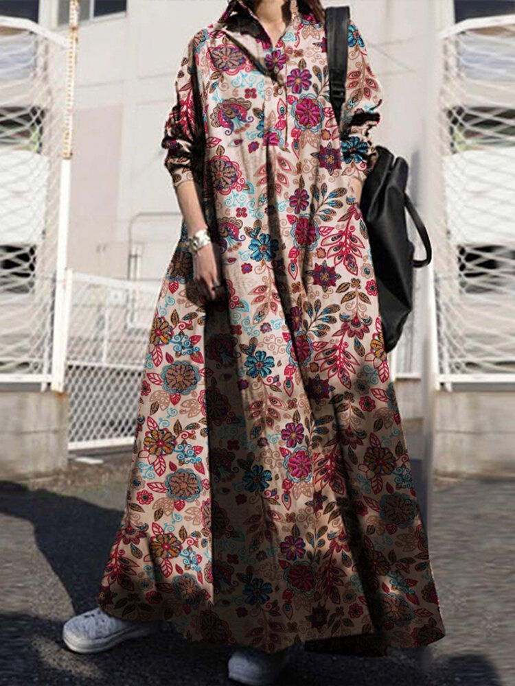 Vestidos Largos De Manga Larga Con Estampado Floral Vintage De Algodón Para Mujer