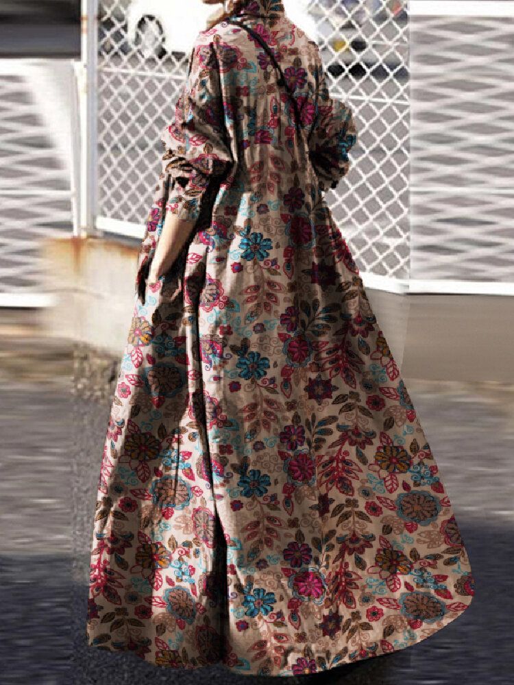 Vestidos Largos De Manga Larga Con Estampado Floral Vintage De Algodón Para Mujer