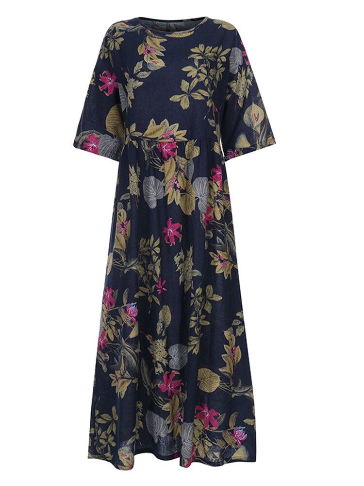 Vestidos Largos Plisados De Manga Tres Cuartos Con Cuello Redondo Y Estampado Floral Retro Para Mujer