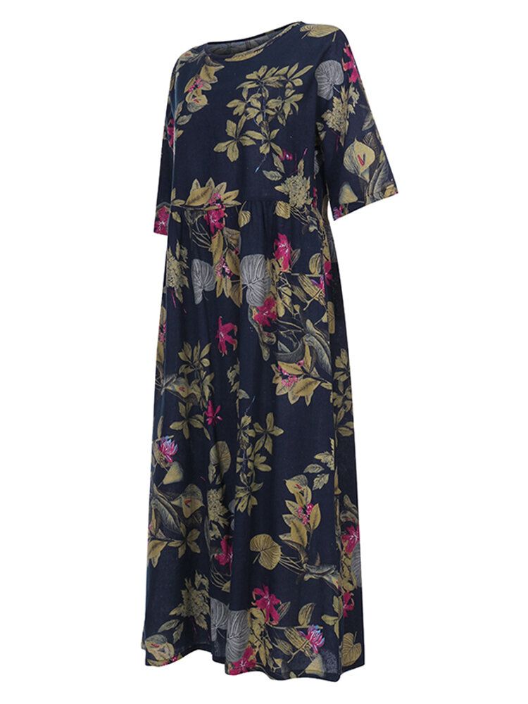 Vestidos Largos Plisados De Manga Tres Cuartos Con Cuello Redondo Y Estampado Floral Retro Para Mujer