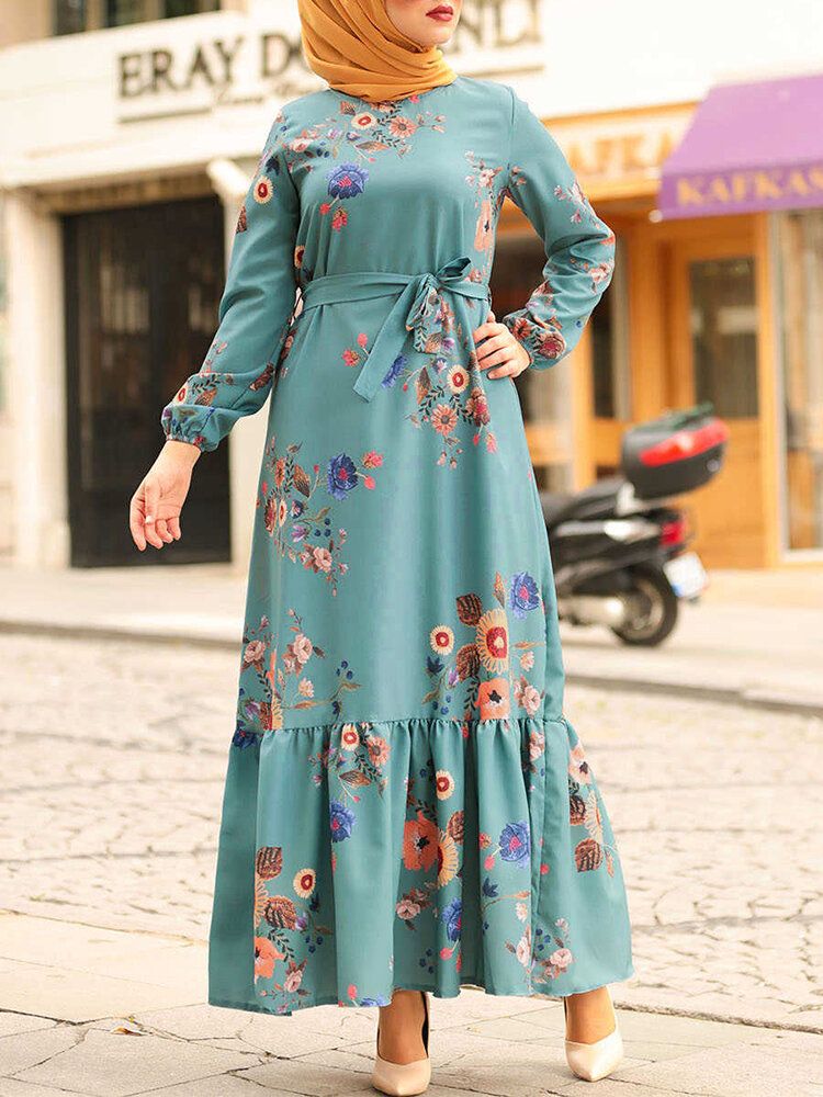 Vestidos Largos Retro De Manga Larga Con Dobladillo Con Volantes Y Estampado Floral Para Mujer