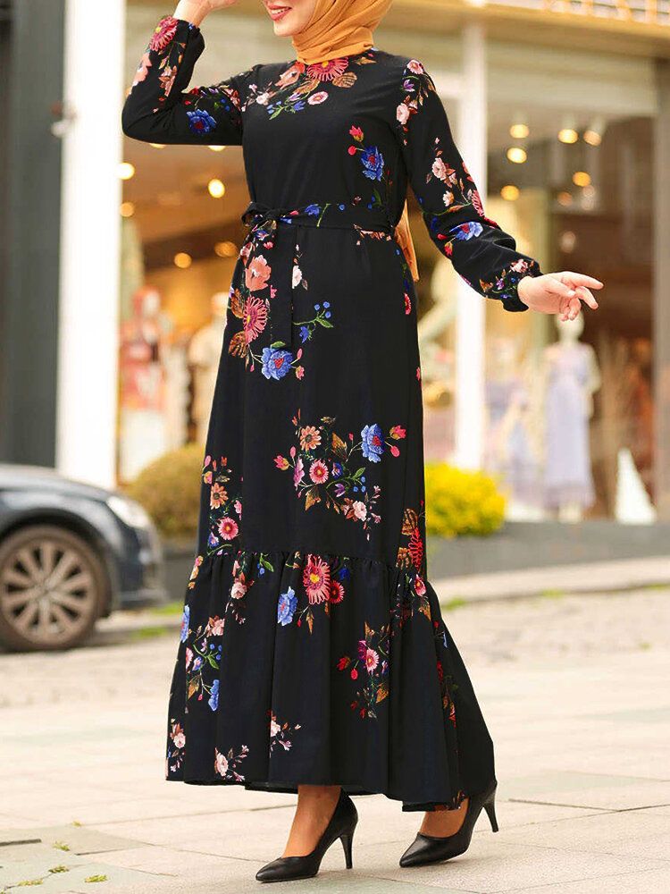 Vestidos Largos Retro De Manga Larga Con Dobladillo Con Volantes Y Estampado Floral Para Mujer