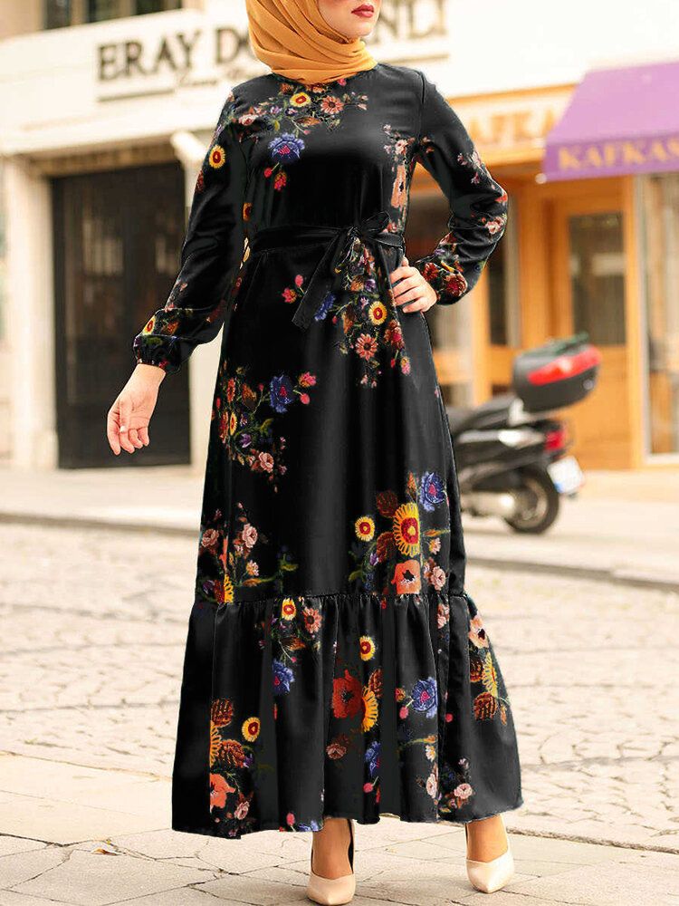 Vestidos Largos Retro De Manga Larga Con Dobladillo Con Volantes Y Estampado Floral Para Mujer