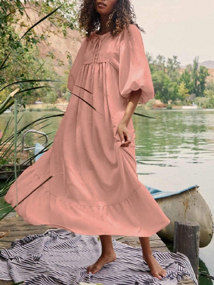 Vestidos Largos Sencillos Con Dobladillo Con Volantes Y Manga Abullonada Con Cuello De Lazo De Color Sólido De Algodón Para Mujer