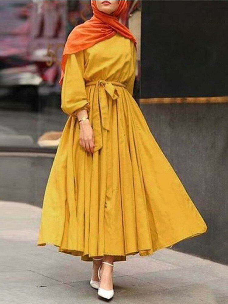 Vestidos Largos Sueltos Vintage Sueltos De Kaftan Plisados Con Mangas Abullonadas De Color Sólido Para Mujer Con Cinturón