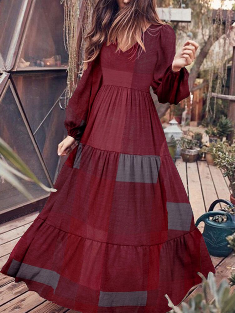 Vestidos Largos Vintage Con Cremallera En La Espalda Y Manga Abullonada A Cuadros Con Cuello En V Para Mujer