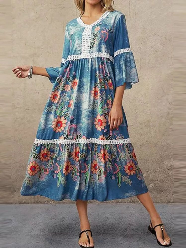 Vestidos Largos Vintage De Media Manga Con Volantes Con Cuello En V Y Adornos De Encaje Con Estampado Floral Para Mujer