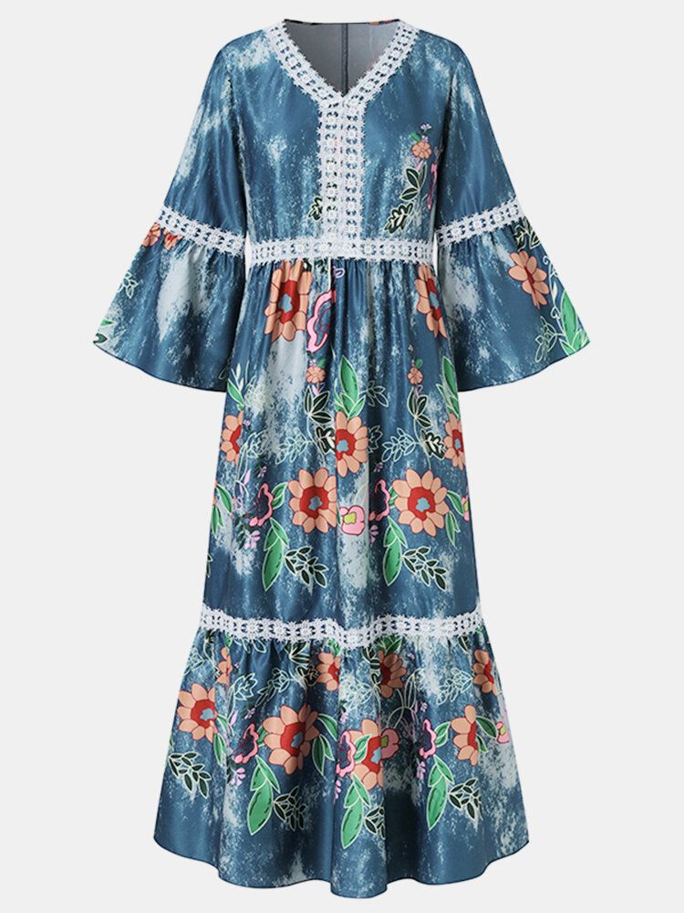 Vestidos Largos Vintage De Media Manga Con Volantes Con Cuello En V Y Adornos De Encaje Con Estampado Floral Para Mujer