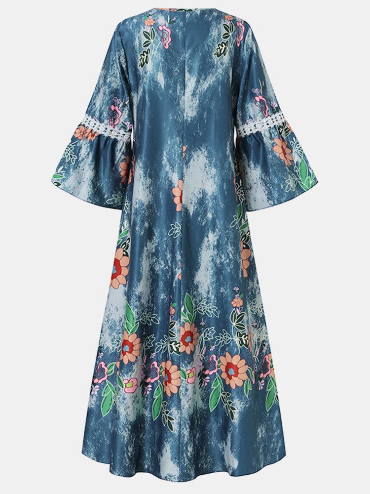 Vestidos Largos Vintage De Media Manga Con Volantes Con Cuello En V Y Adornos De Encaje Con Estampado Floral Para Mujer