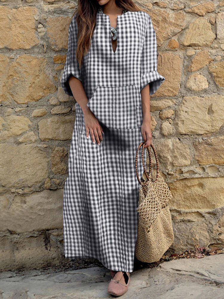 Vestidos Maxi Casuales Bohemios Con Abertura Lateral Y Cuello Con Muesca De Guinga Para Mujer Con Bolsillo