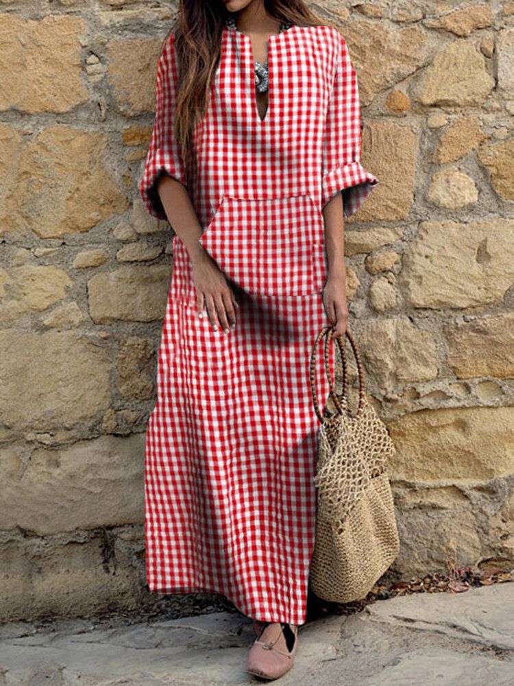 Vestidos Maxi Casuales Bohemios Con Abertura Lateral Y Cuello Con Muesca De Guinga Para Mujer Con Bolsillo