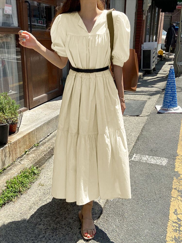 Vestidos Maxi Casuales Plisados Con Cuello En V Y Media Manga Abullonada De Color Sólido Para Mujeres