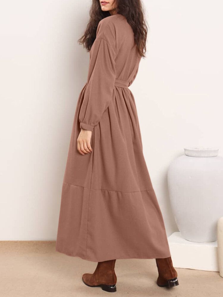 Vestidos Maxi Con Gradas De Color Sólido De Manga Larga Con Cordones Y Cuello Redondo Para Mujer