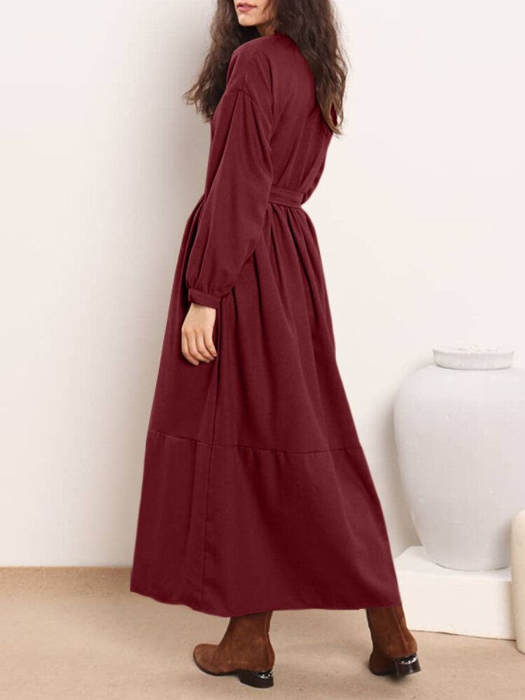 Vestidos Maxi Con Gradas De Color Sólido De Manga Larga Con Cordones Y Cuello Redondo Para Mujer