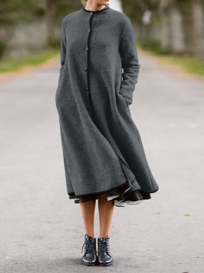 Vestidos Vintage De Manga Larga Con Botones De Color Sólido Para Mujer Con Bolsillo Lateral