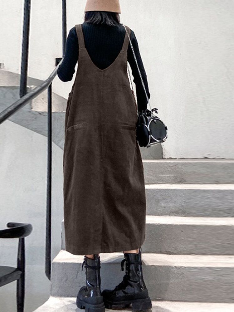 Vestidos Vintage Sin Mangas De Pana De Color Sólido Para Mujer Con Bolsillo