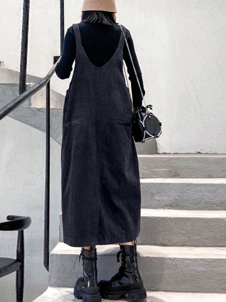 Vestidos Vintage Sin Mangas De Pana De Color Sólido Para Mujer Con Bolsillo