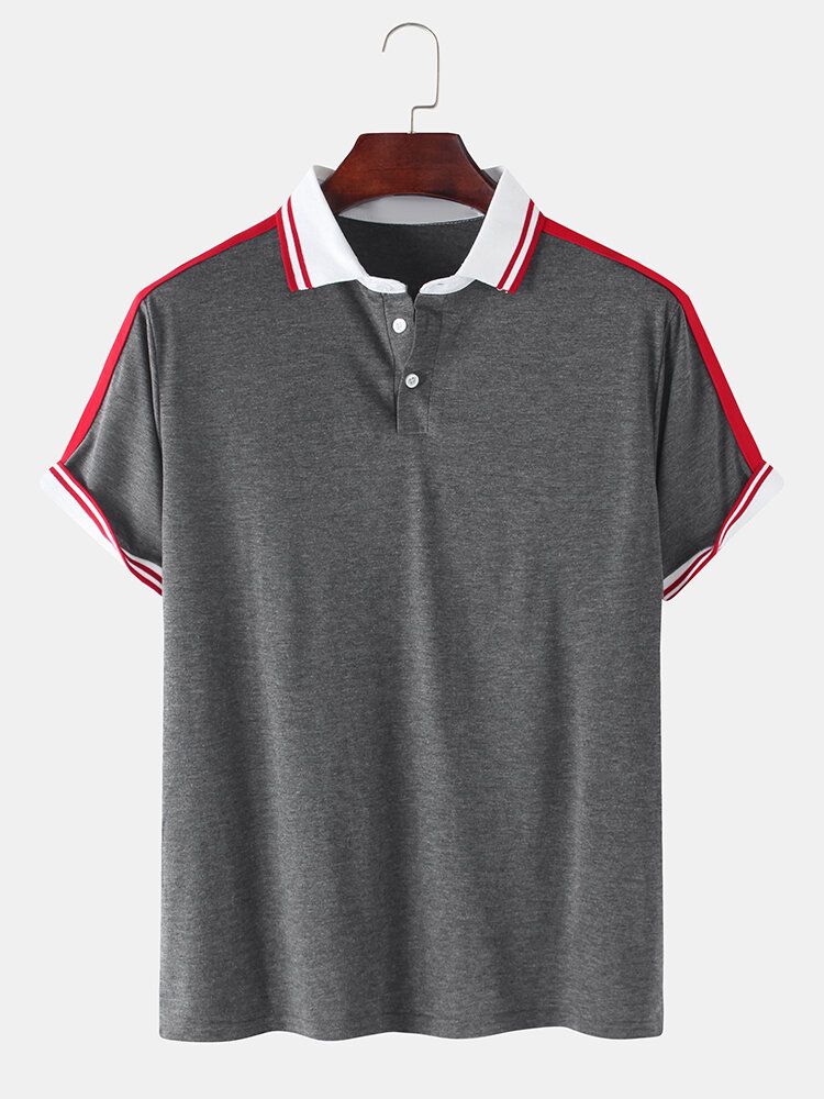 Camisa De Golf De Manga Corta Casual Lisa Para Hombre Con Ribetes Acanalados En Contraste