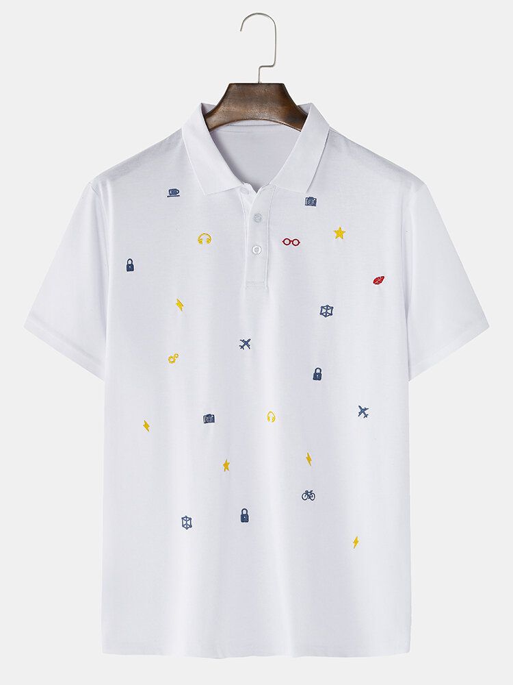 Camisas De Golf Casuales Blancas De Manga Corta Con Bordado De Dibujos Animados Simples Para Hombre 100% Algodón