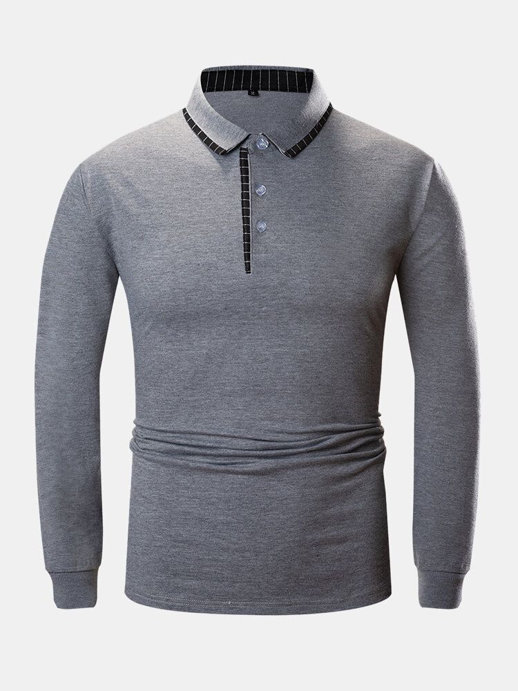 Camisas De Golf Casuales Lisas De Manga Larga Con Cuello A Rayas 100% Algodón Para Hombre