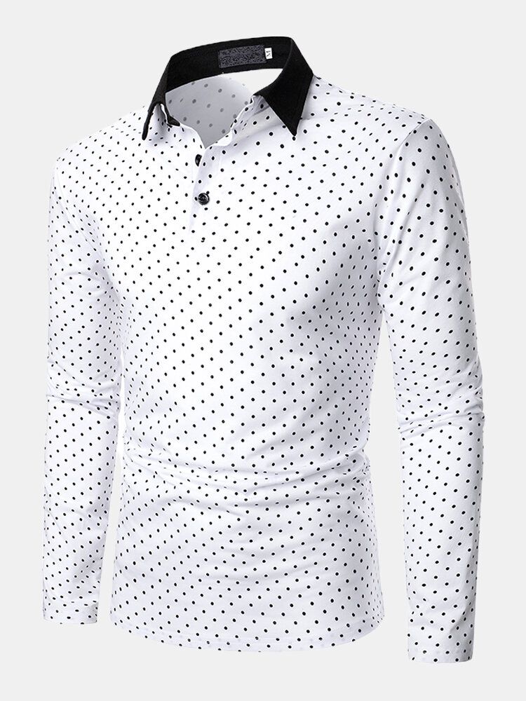 Camisas De Golf De Manga Larga Casuales Simples Con Lunares Para Hombre