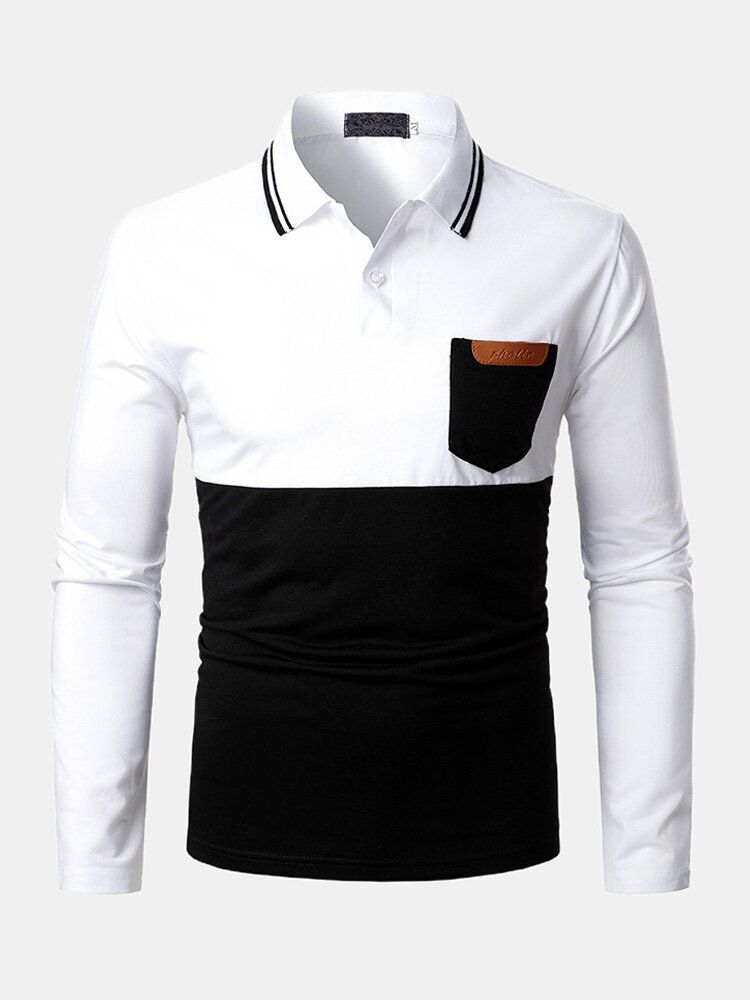 Camisas De Golf De Manga Larga Con Bolsillo En El Pecho De Piel De Vaca Con Costuras De Color En Contraste Para Hombre