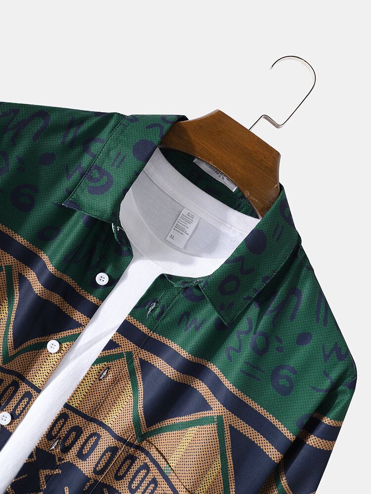 Camisa De Bolsillo De Solapa De Estilo Étnico Con Patrón Tribal Vintage Para Hombre