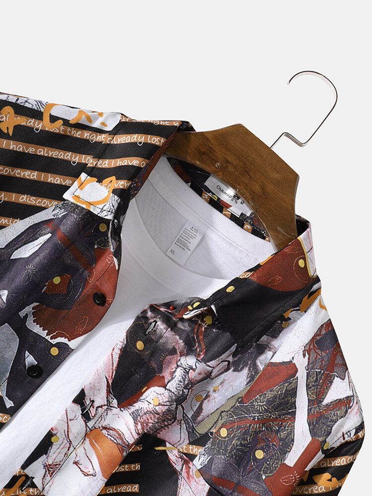 Camisa Casual Con Botones De Solapa Y Estampado De Rayas Mixtas Para Hombre