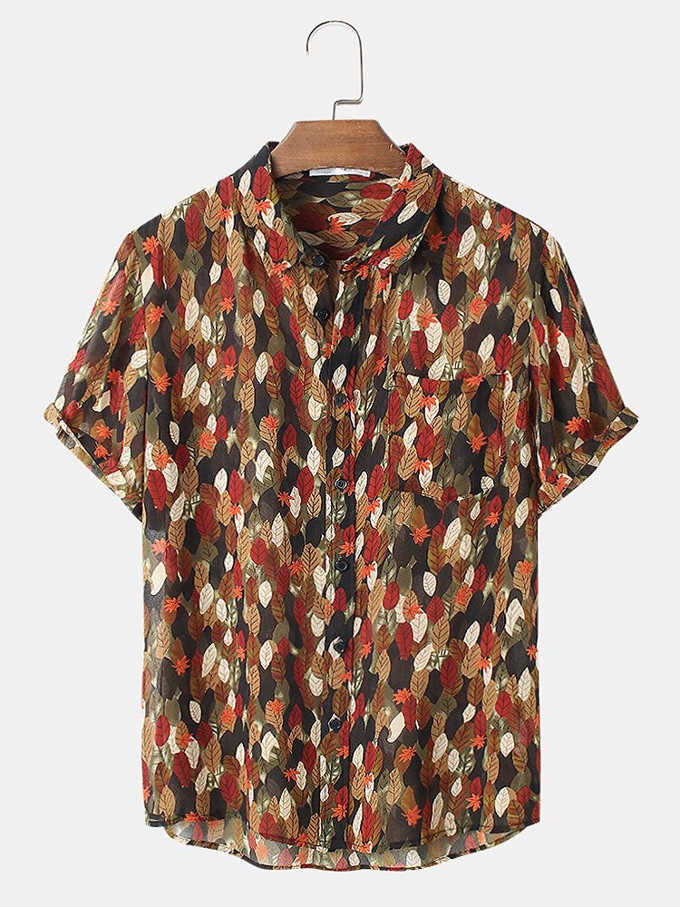 Camisa Casual De Manga Corta Con Estampado De Hojas Coloridas Para Hombre