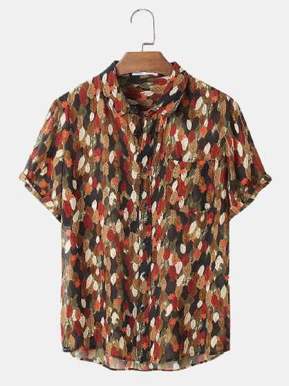 Camisa Casual De Manga Corta Con Estampado De Hojas Coloridas Para Hombre