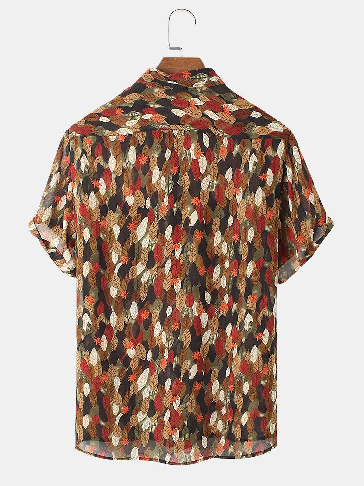 Camisa Casual De Manga Corta Con Estampado De Hojas Coloridas Para Hombre