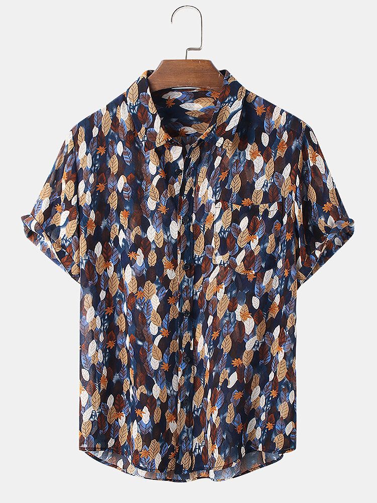 Camisa Casual De Manga Corta Con Estampado De Hojas Coloridas Para Hombre