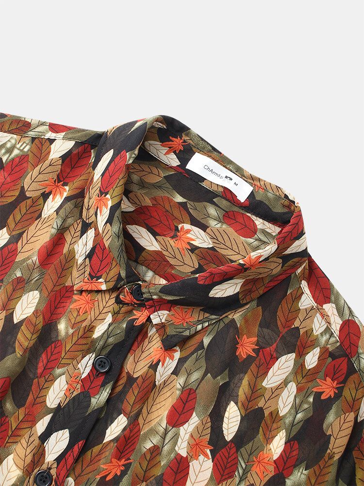 Camisa Casual De Manga Corta Con Estampado De Hojas Coloridas Para Hombre