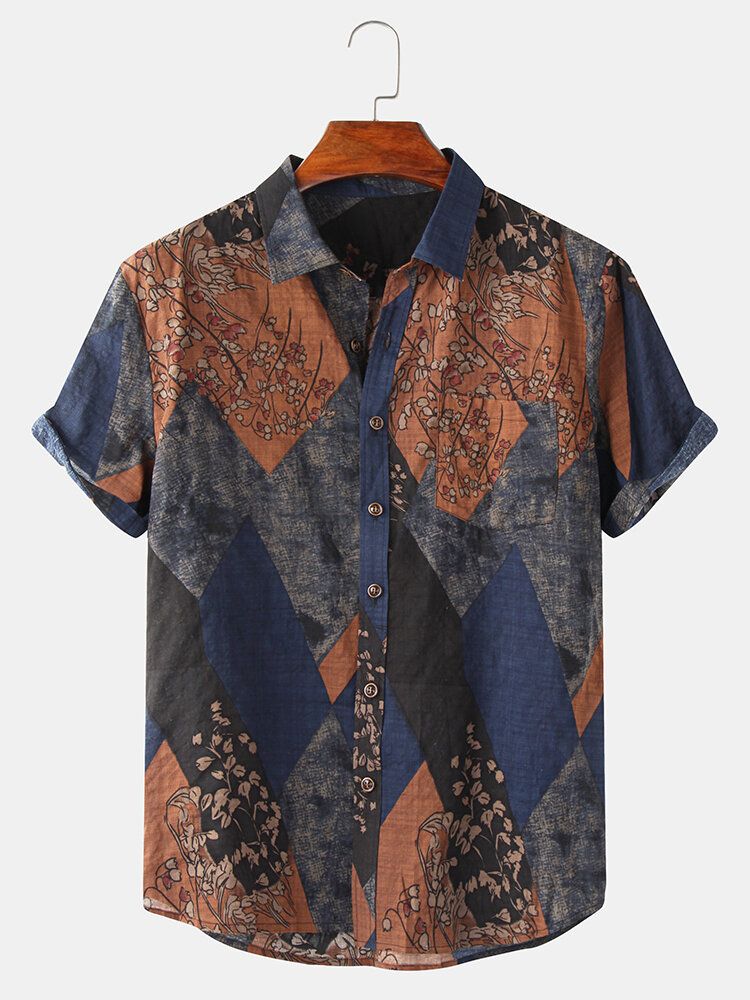 Camisa Casual De Manga Corta Con Solapa Y Botones Con Estampado Geométrico Floral Vintage Para Hombre