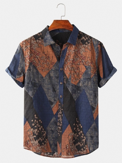 Camisa Casual De Manga Corta Con Solapa Y Botones Con Estampado Geométrico Floral Vintage Para Hombre