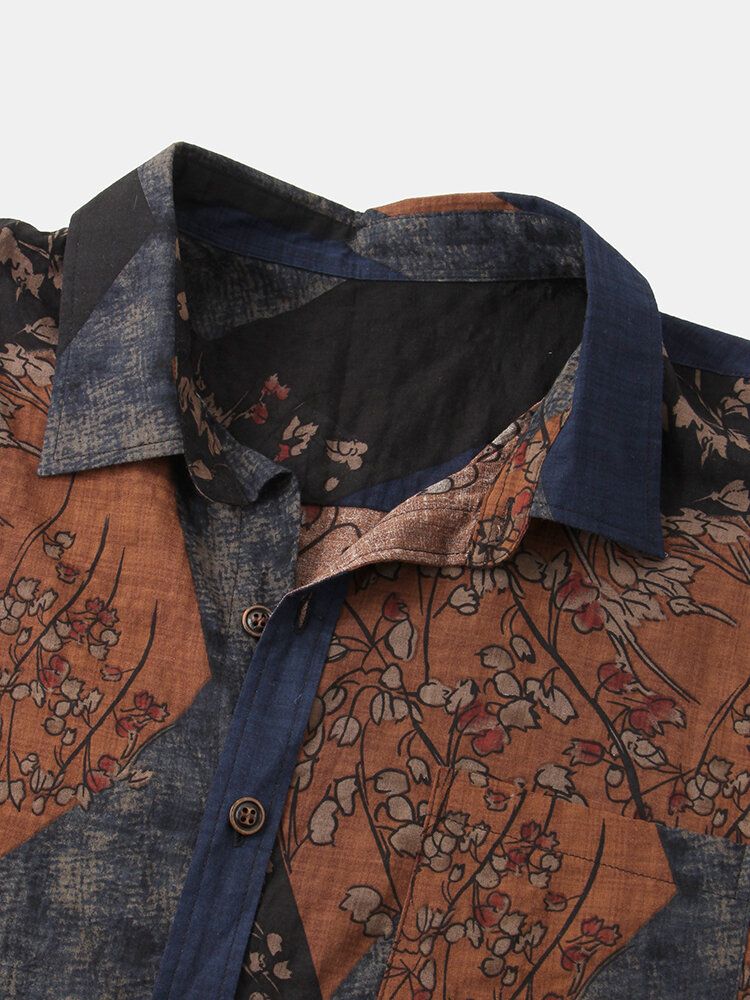 Camisa Casual De Manga Corta Con Solapa Y Botones Con Estampado Geométrico Floral Vintage Para Hombre