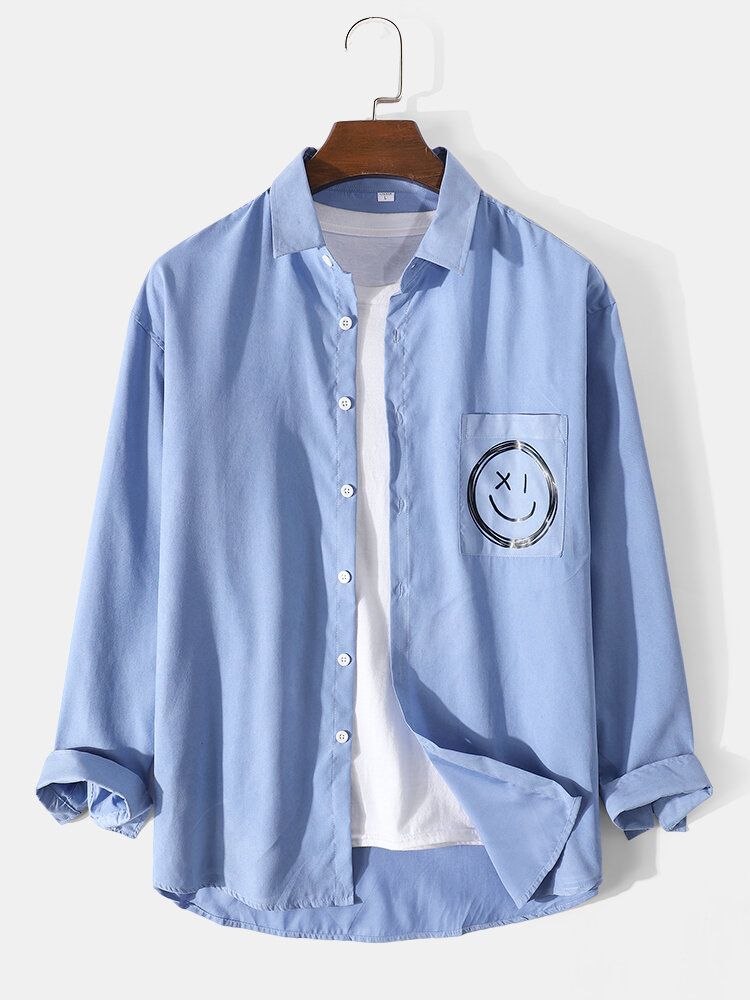 Camisa Casual De Manga Larga De Algodón Con Bolsillo En El Pecho Con Sonrisa De Color Sólido Para Hombre