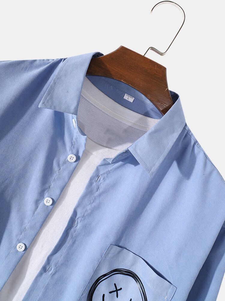 Camisa Casual De Manga Larga De Algodón Con Bolsillo En El Pecho Con Sonrisa De Color Sólido Para Hombre