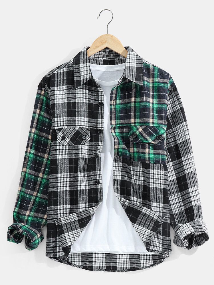 Camisa Casual De Manga Larga Con Bolsillos Dobles Y Estampado A Cuadros Para Hombre