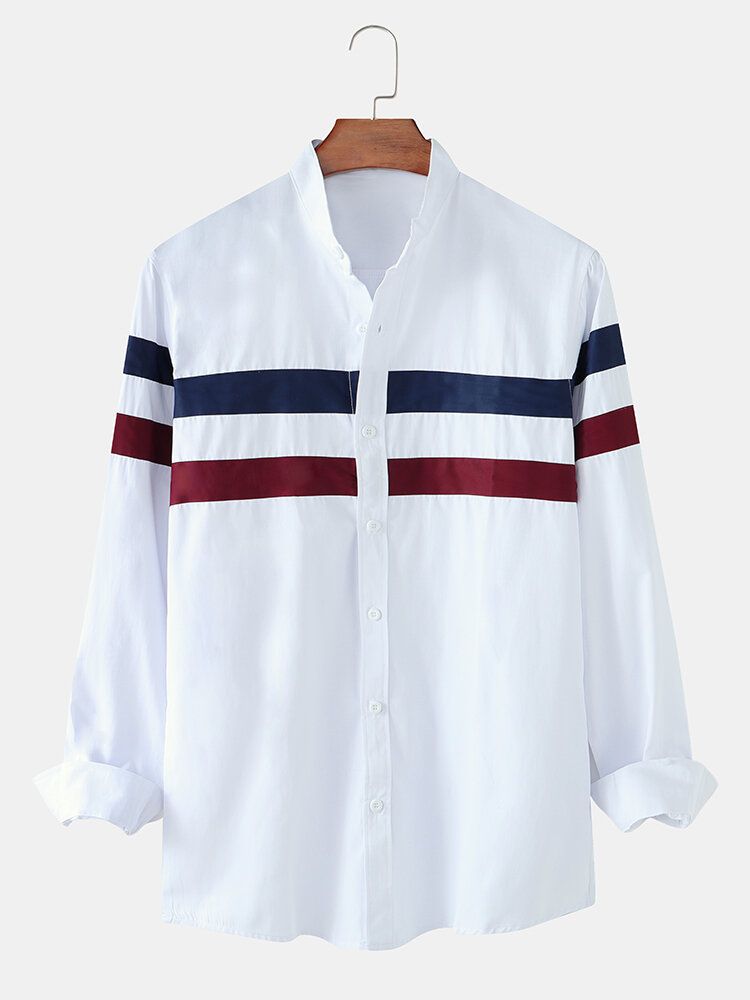 Camisa Casual De Manga Larga Con Botones Y Cuello Alto A Rayas En Contraste Para Hombre