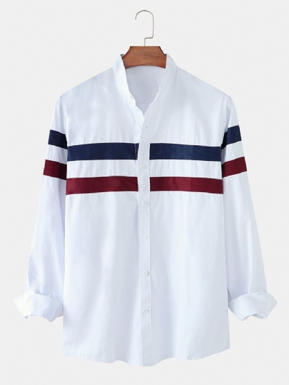 Camisa Casual De Manga Larga Con Botones Y Cuello Alto A Rayas En Contraste Para Hombre