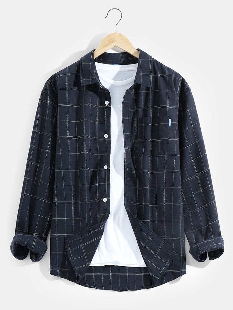 Camisa Casual De Manga Larga Con Botones Y Solapa De Algodón Con Estampado A Cuadros Para Hombre