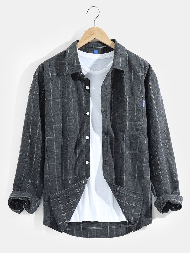 Camisa Casual De Manga Larga Con Botones Y Solapa De Algodón Con Estampado A Cuadros Para Hombre