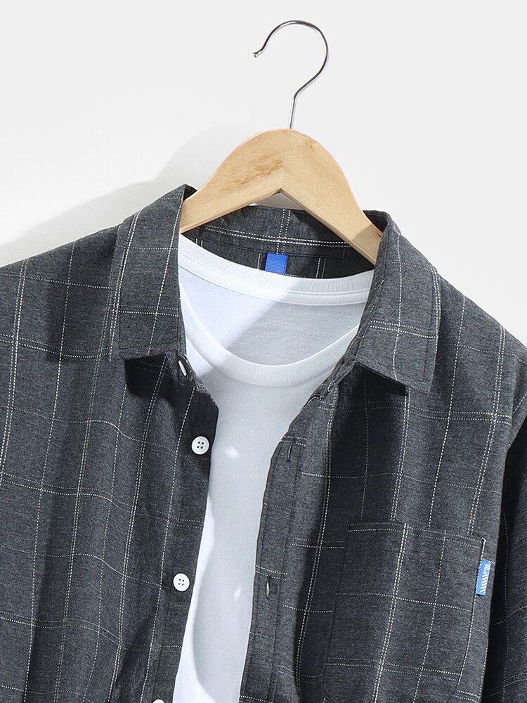 Camisa Casual De Manga Larga Con Botones Y Solapa De Algodón Con Estampado A Cuadros Para Hombre