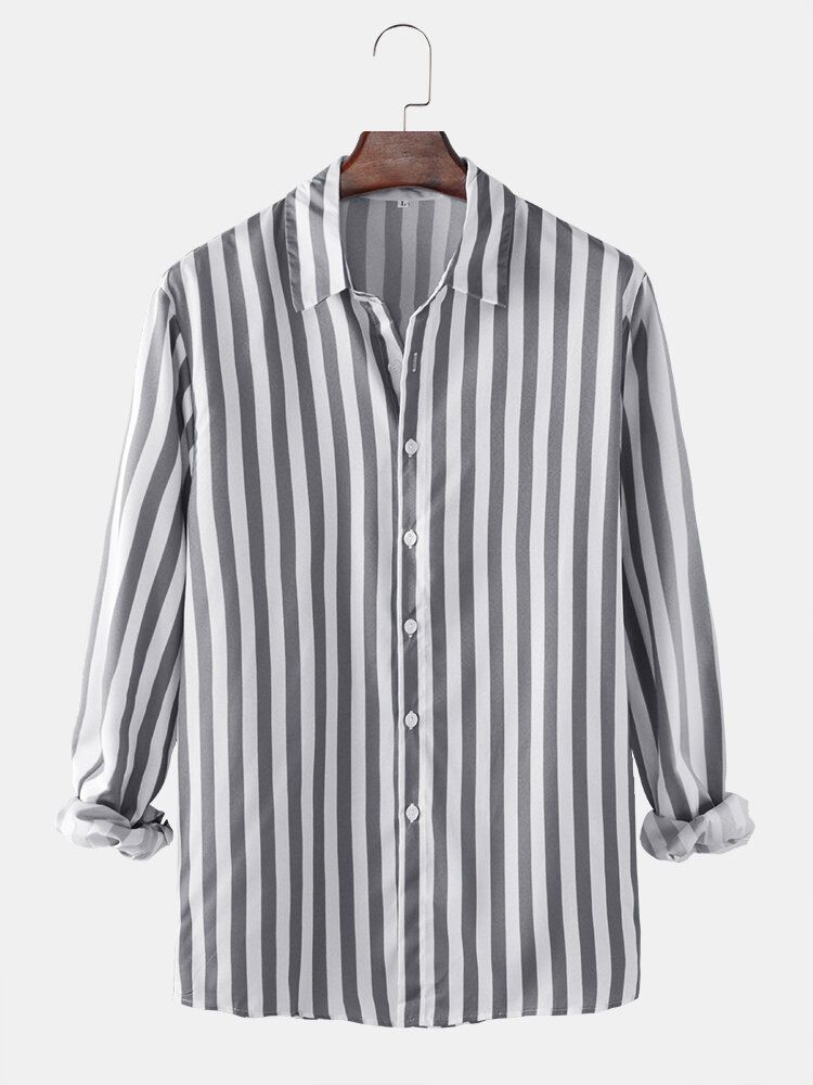 Camisa Casual De Manga Larga Con Botones Y Solapa Con Estampado De Rayas Verticales Para Hombre